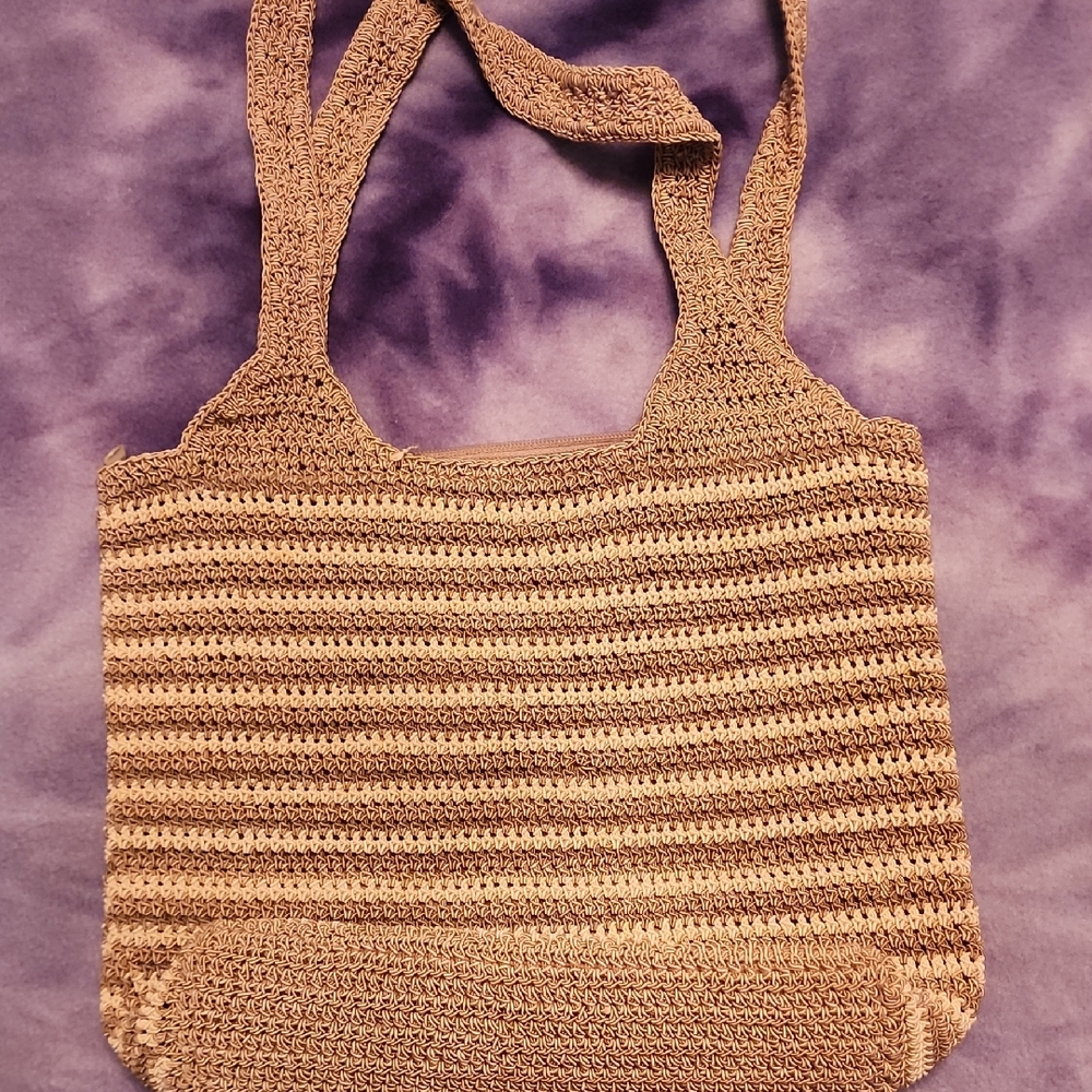 Striped Tan and Cream Crochet Tote Bag